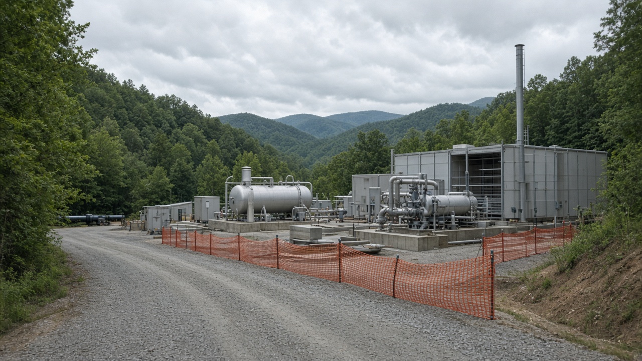 Natural gas pipeline compressor station in wooded Appalachian hills, overcast afternoon, orange safety fencing, no logos or readable text