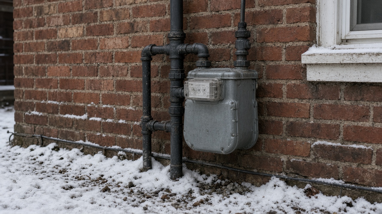 Residential natural gas meter and pipe on brick house wall, light snow on ground, overcast winter morning, no readable numbers on meter dial