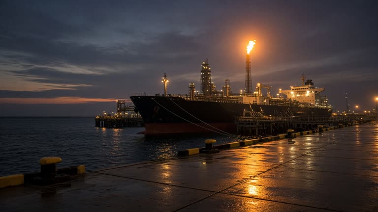 LNG export jetty at dusk on the Gulf Coast, Q-Max tanker at berth, orange flare stack glow, sodium yard lights, no logos or readable text on hull