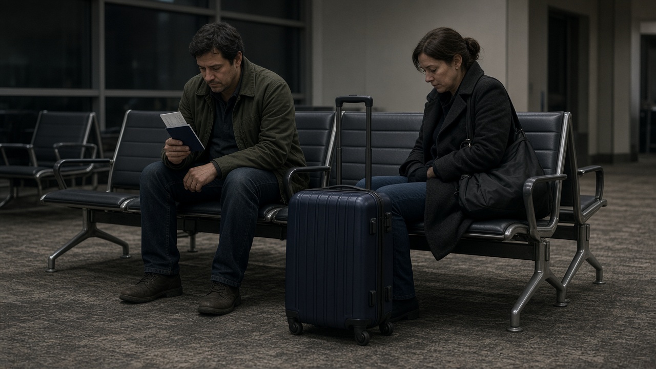 Couple sitting on vinyl airport gate chairs with one rolling carry-on between them, dim terminal windows and worn carpet, boarding pass tucked in a passport sleeve with text not readable, no logos