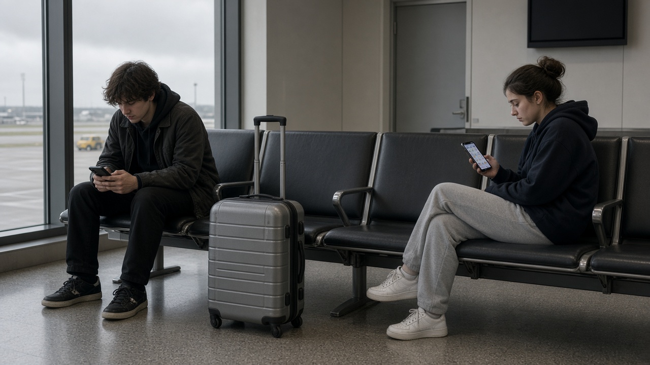 Young couple sitting apart on vinyl airport bench with one shared suitcase, storm-gray light through terminal windows, phone showing calendar app with text not readable, no airline logos