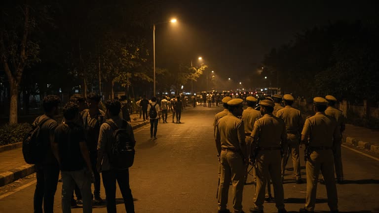 Students and police gathered on a Punjab university campus road at night, highway blockade visible in background, wire documentary photo