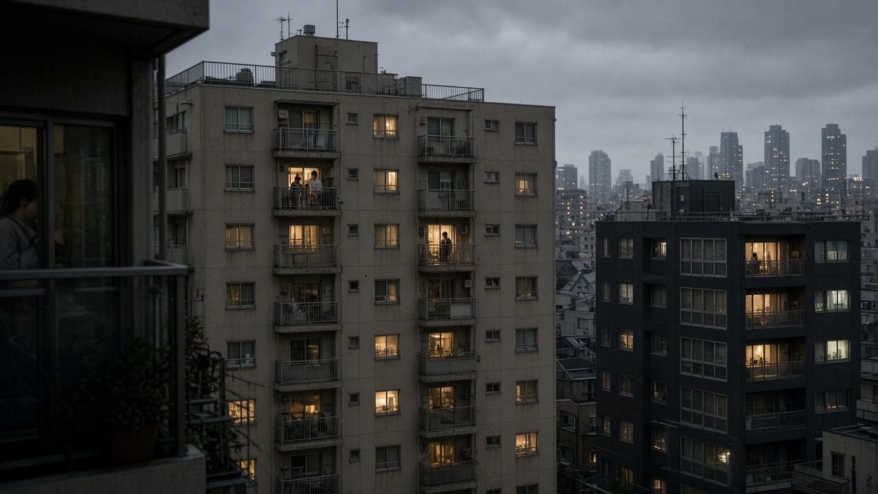 Pre-dawn view of Tokyo apartment buildings with lights on as residents react to earthquake shaking, distant city skyline under grey morning sky