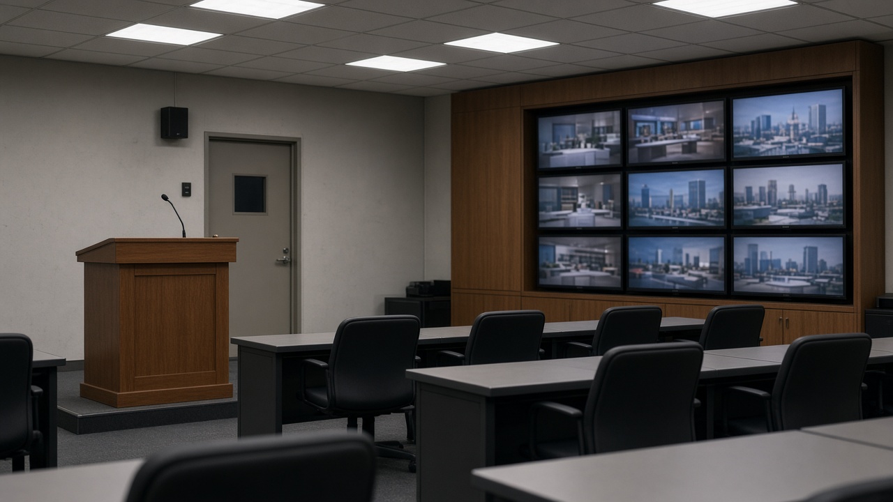Government press briefing room in Taipei with a wooden podium, empty chairs for reporters, and a wall of muted television monitors showing blurred international news feeds, fluorescent ceiling panels, no logos or readable text