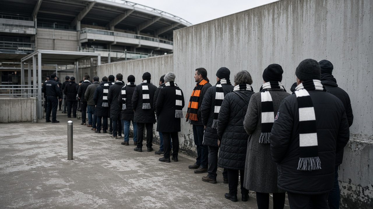 Melbourne cricket ground exterior with fans in black-and-white and orange scarves queuing at a security gate, overcast afternoon, concrete concourse wear marks, no logos or readable text