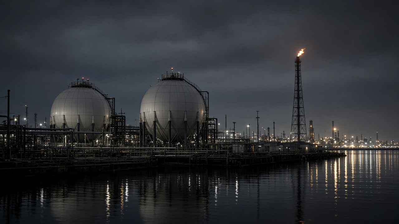 Night view of illuminated ethylene storage spheres and a distant flare stack at a coastal petrochemical complex with harbor lights reflecting on water, industrial piping silhouettes, no logos or readable text