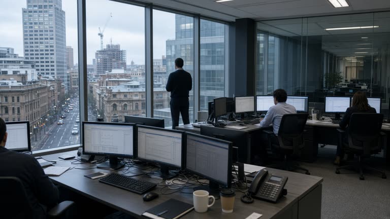 Photoreal early-morning wide shot of an Australian bank economics floor: several analysts at desks with unreadable screens, one standing at a glass wall overlooking a Sydney street, cool dawn light — no logos or readable text.