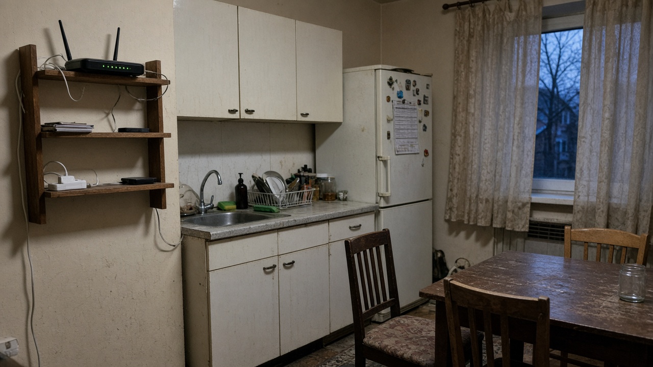 Student house kitchen with a home broadband router on a shelf, laminated paper near the fridge, mismatched chairs, evening light through thin curtains, no logos or readable text.