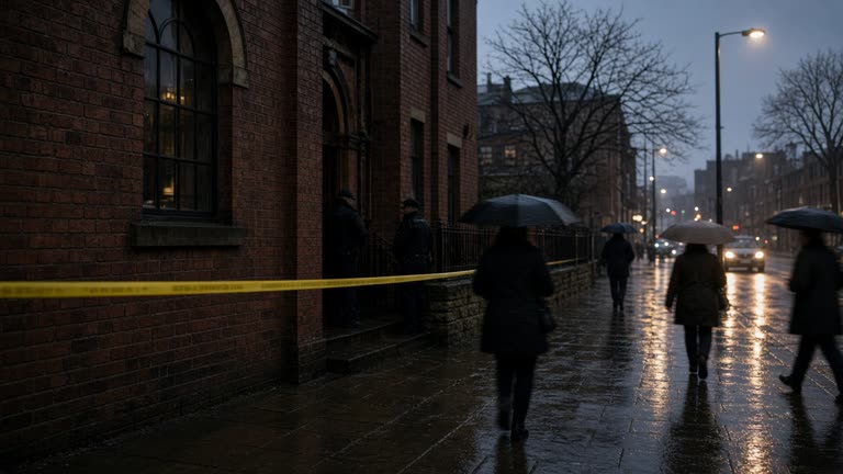 Rain-slicked Manchester street at dusk with police tape and officers near a brick synagogue facade, umbrellas and blurred pedestrians, documentary wire photo, slight underexposure
