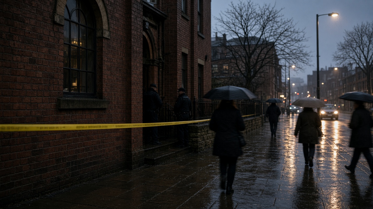 Rain-slicked Manchester street at dusk with police tape and officers near a brick synagogue facade, umbrellas and blurred pedestrians, documentary wire photo, slight underexposure