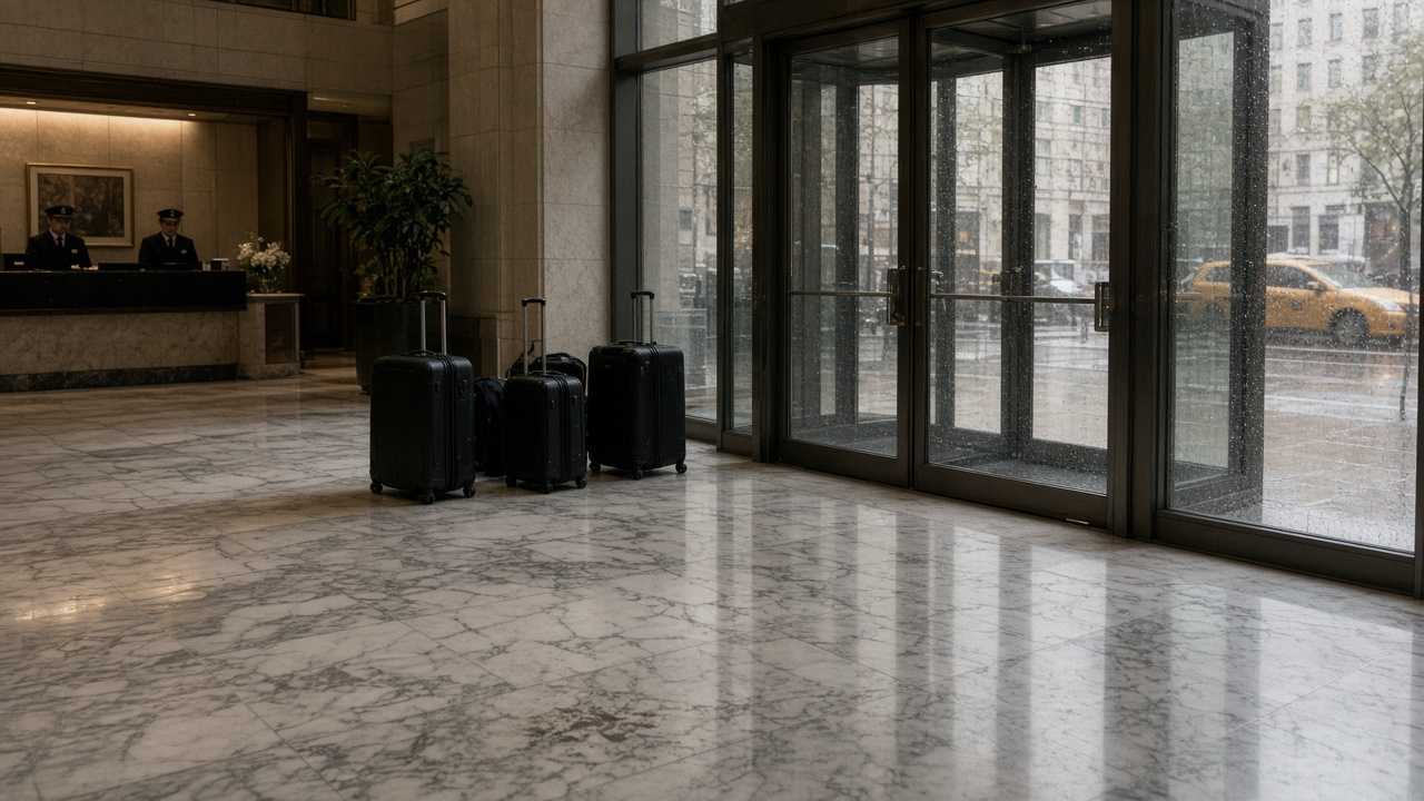 Midtown Manhattan hotel lobby with marble floor, rolling luggage lines, uniformed staff at a distant desk, rain-streaked glass doors, no logos or readable text