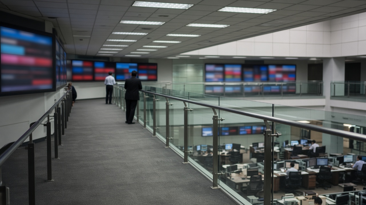 Wide view of the Singapore Exchange gallery overlooking the trading floor, cool overhead lighting, glass railings and electronic boards showing blurred colour blocks without readable numbers, no logos or readable text
