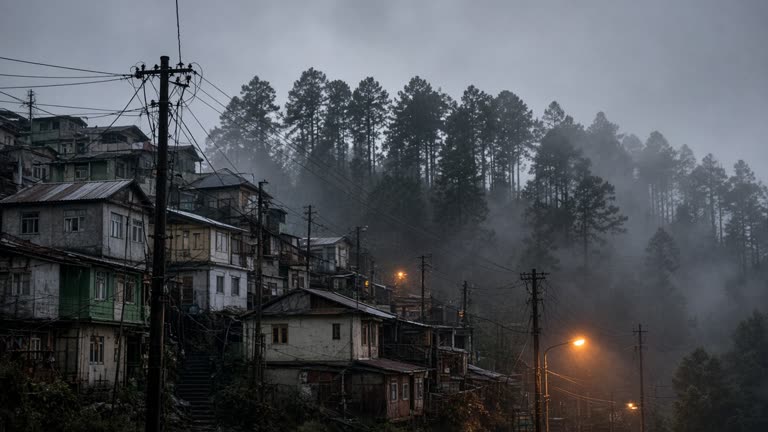 Shillong hillside neighborhood at dusk with utility poles and tangled wires, orange sodium street lamps, mist in pine trees, no logos or readable text
