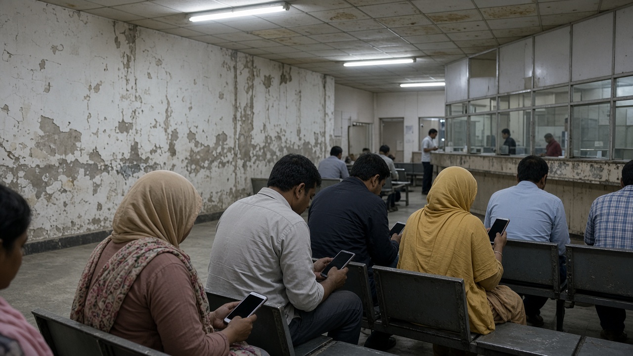 Government service centre waiting area in New Delhi with citizens seated holding smartphones showing blank screens, fluorescent lighting and peeling paint on walls, no logos or readable text
