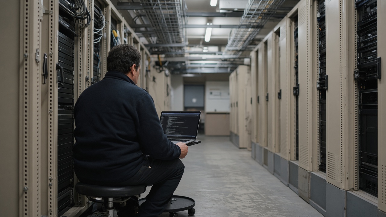 Narrow aisle between beige server racks in a government data center, engineer on a rolling stool with a laptop showing a blurred terminal, cool fluorescent overhead light and cable trays, no logos or readable text