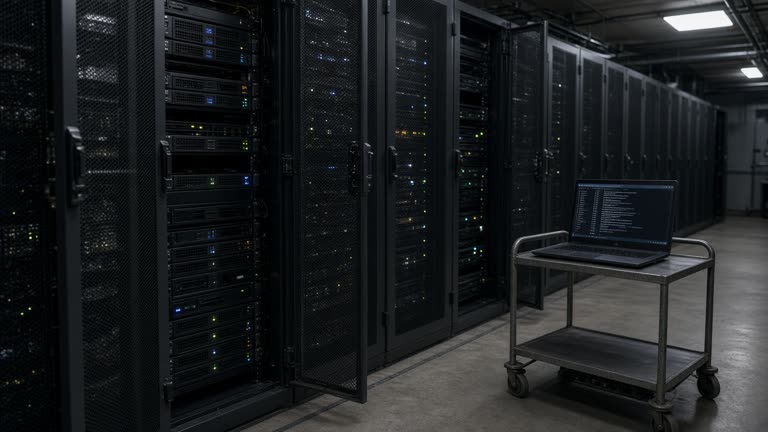 Dim data-center aisle with open server rack doors, technician laptop on a rolling cart showing a scrolling log view without readable text, cool fluorescent and blue status LEDs, concrete floor, no logos or readable text