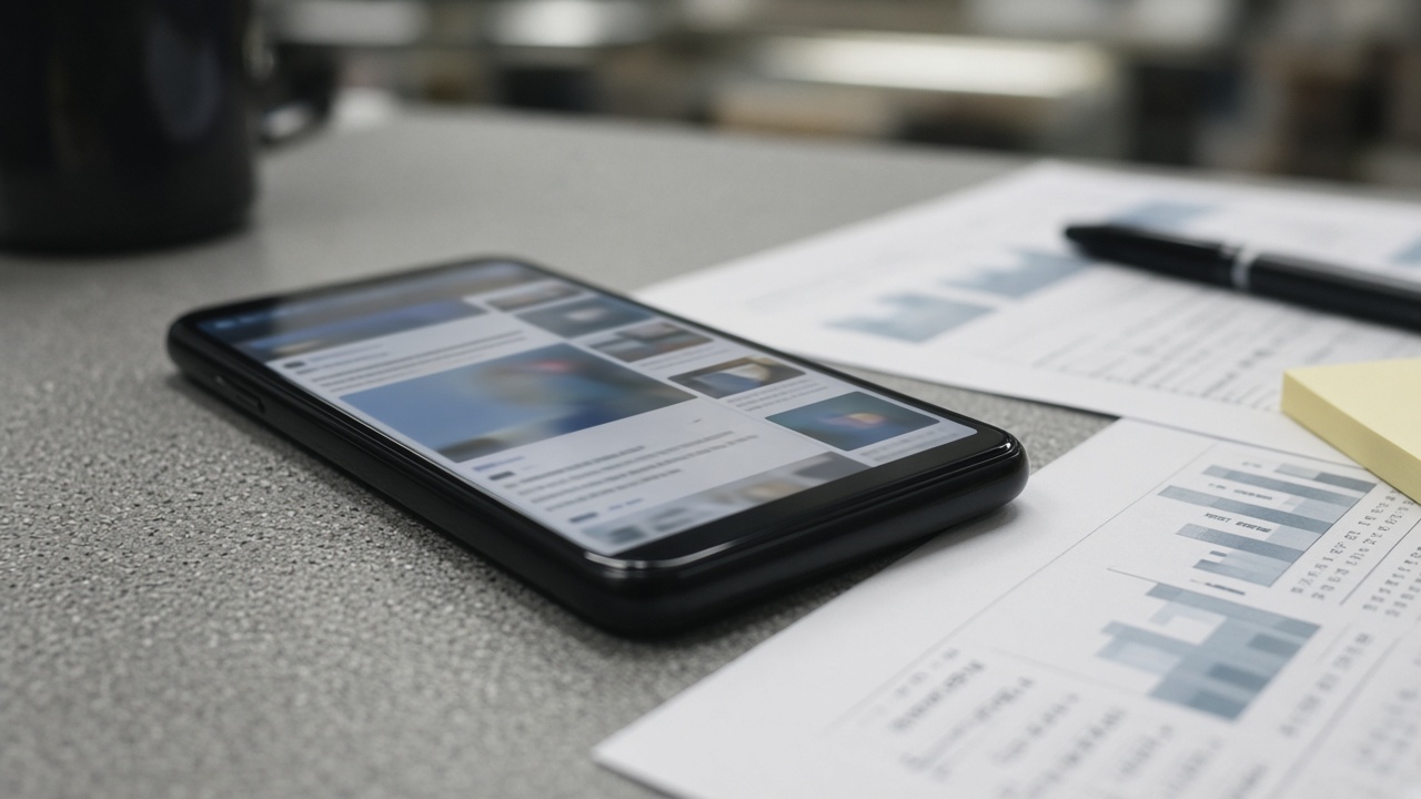 Close-up of a smartphone showing a blurred social media feed on a table next to office papers, indoor fluorescent light, shallow depth of field, no logos or readable text