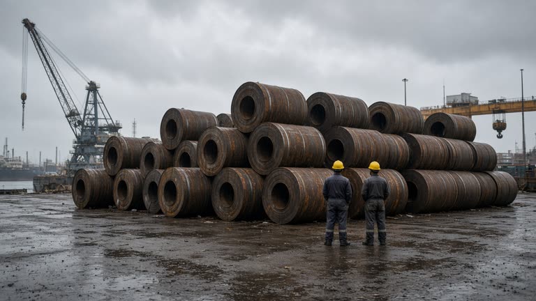 Steel coil yard at an Indian port with rusted rolls stacked under grey monsoon sky, workers in hard hats seen from behind at distance, wet ground and crane silhouettes, no logos or readable text