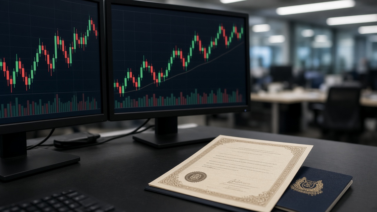 A close-up of a stock trading desk in Singapore with two monitors showing abstract candlestick charts and a paper American Depositary Receipt certificate beside a passport, blurred background, no logos or readable text.