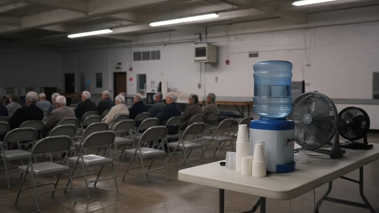 Community cooling center with rows of folding chairs and portable fans beside a water dispenser in a fluorescent-lit gymnasium, elderly residents resting in background silhouettes without identifiable faces, no logos or readable text