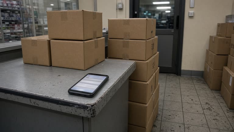 Convenience-store parcel pickup counter with stacked brown boxes and a smartphone on the counter showing a blurred notification screen, fluorescent store lighting, scuffed tile floor, no logos or readable text