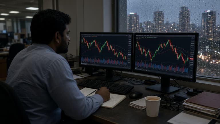 Photoreal Sunday evening in a Mumbai brokerage research room, a trader's desk with a chai cup, notebook and two monitors showing abstract red and green market charts, rain on the window, city lights in the distance, no logos or readable text