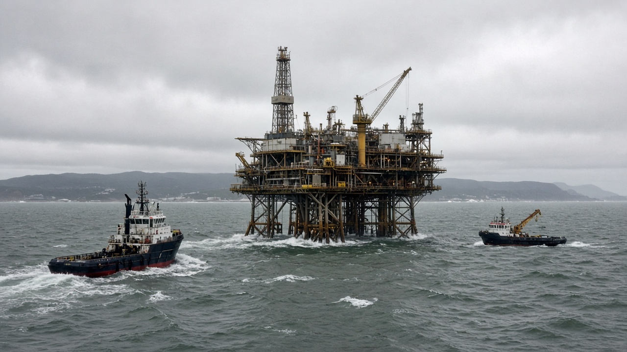 An offshore oil platform stands in grey South Atlantic seas under low cloud, support vessels nearby, Falklands coastline distant.