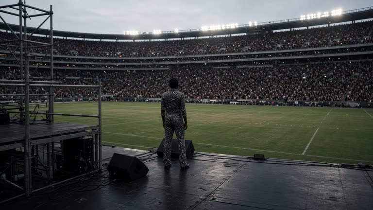 Photoreal stadium stage at dusk with a pop singer in a sparkly outfit mid-performance, crowd in foreground, green football field beyond, no logos or readable text