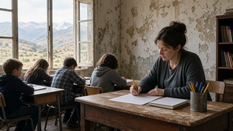 Substitute teacher leading a small multi-grade rural classroom with a handwritten roster on a wooden desk and mountains visible through open windows, afternoon sunlight and peeling paint, no logos or readable text