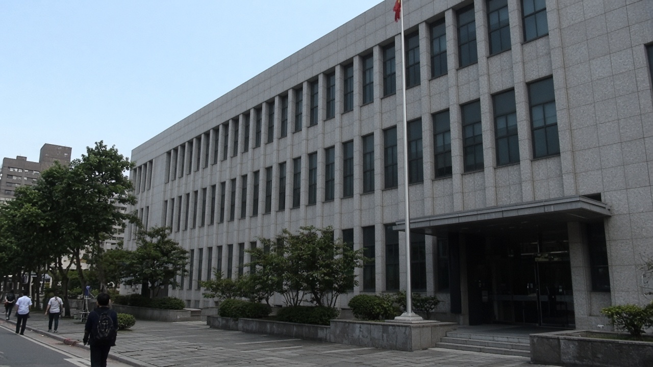 Photoreal midday exterior of a government ministry office building in Taipei, plain grey stone facade and a flagpole, a few pedestrians on the sidewalk, clear bright sky, no logos or readable text