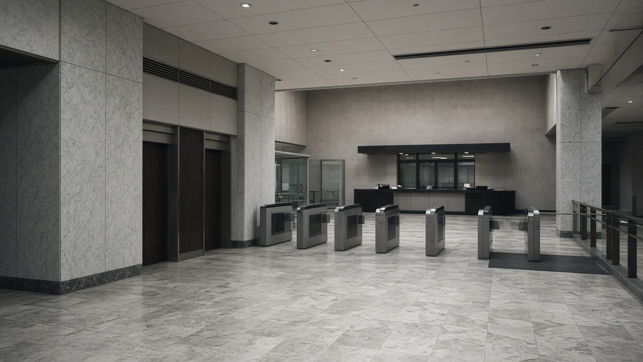 Japanese government ministry lobby with marble floors and a distant reception desk, soft overhead lighting, empty security turnstiles, no flags or readable text