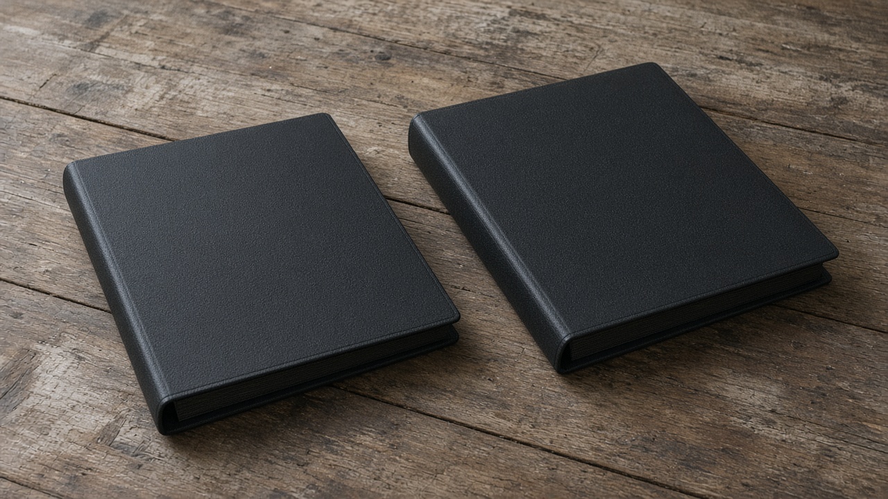 Close-up of closed blank black binders stacked on a wood table, overcast window light, no people, no logos, no readable text