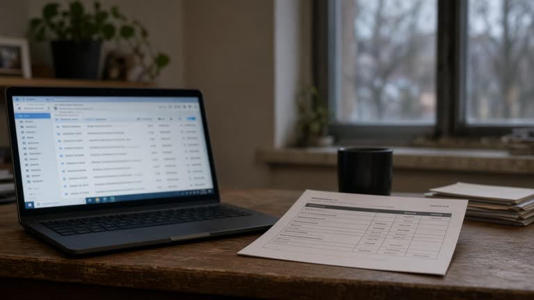 Open laptop on a home desk showing a blurred email inbox beside a printed mutual fund statement, evening window light, no logos or readable text
