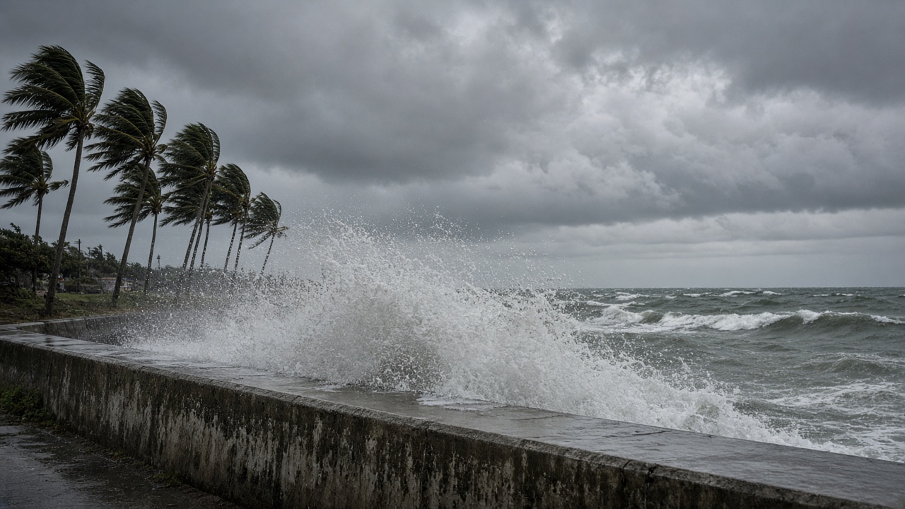 Waves crashing over a seawall on Okinawa’s east coast under dark typhoon clouds, with palm trees bent by wind