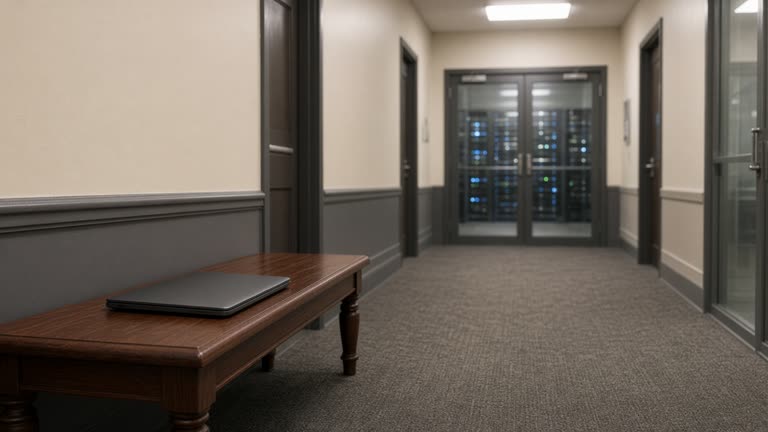 Narrow Whitehall corridor with a closed laptop on a wooden bench and blurred server-room glass doors, flat overhead lighting, no logos or readable text