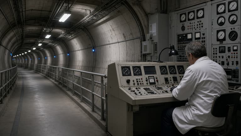 Long concrete synchrotron tunnel corridor with safety railings and blue status lights, a technician at a control console with analog gauges, cool fluorescent lighting, no logos or readable text