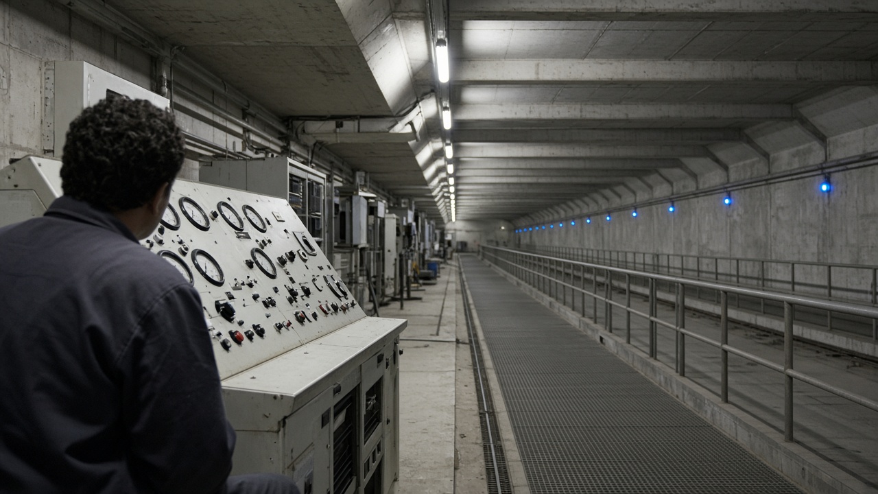 Long concrete synchrotron tunnel corridor with safety railings and blue status lights, a technician at a control console with analog gauges, cool fluorescent lighting, no logos or readable text