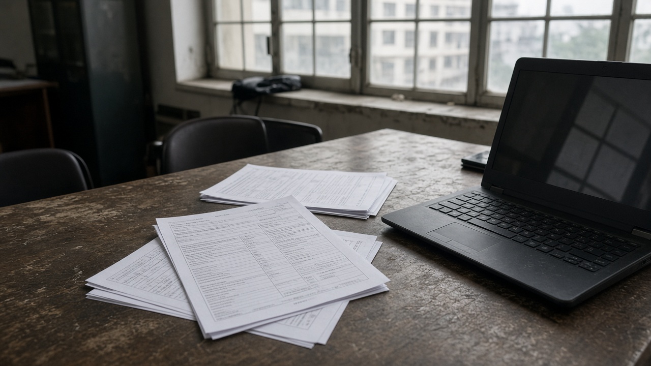 Printed benchmark score sheets beside a laptop with Hindi and English keyboards on a worn conference table in a Bengaluru office, afternoon window light, no logos or readable text