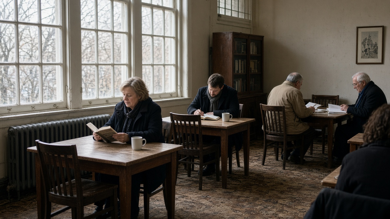 Community library reading room with a cast-iron radiator under tall windows, people in coats at wooden tables with mugs, soft daylight and worn carpet, no logos or readable text