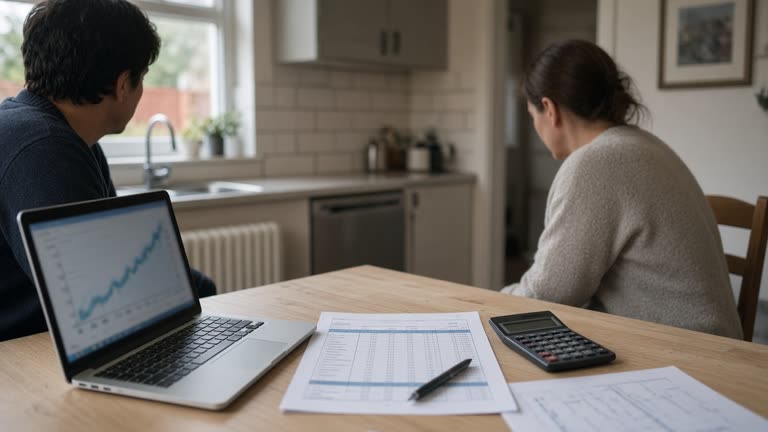 A couple in their forties at a kitchen table in a modest British semi-detached house, a printed mortgage rate sheet and a pocket calculator beside two cooling mugs of tea, a laptop screen showing a blurry rising line chart, grey overcast morning light through the window, shallow depth of field, documentary photojournalism style, natural muted colours, no identifiable faces, no logos or readable text