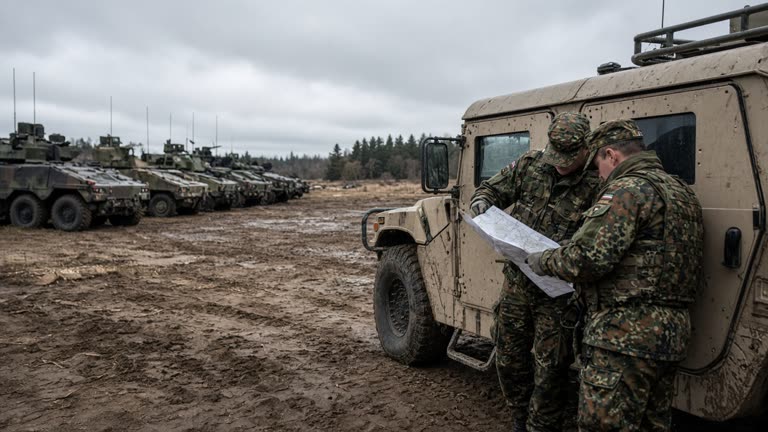 NATO armored vehicles parked in a muddy Baltic training field under grey skies, soldiers in flecktarn camouflage checking maps beside a Humvee, no readable insignia or text.