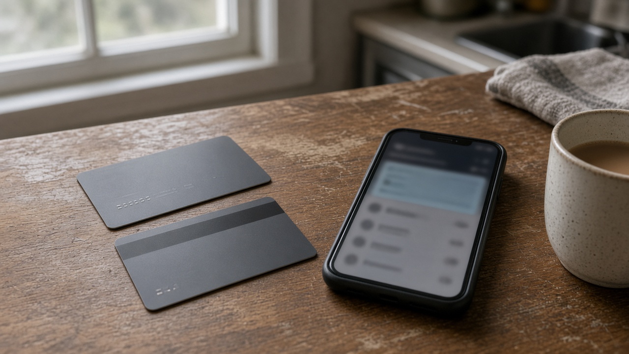 Pair of generic credit cards on a kitchen table beside a smartphone showing a banking app with blurred screen, soft morning window light, no logos or readable text.
