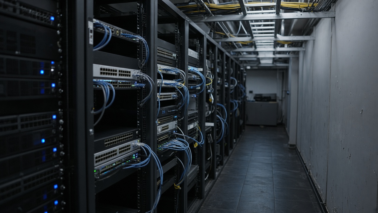 Server room aisle with blinking network switches and cable trays, cool blue-white lighting on metal racks, no logos or readable text
