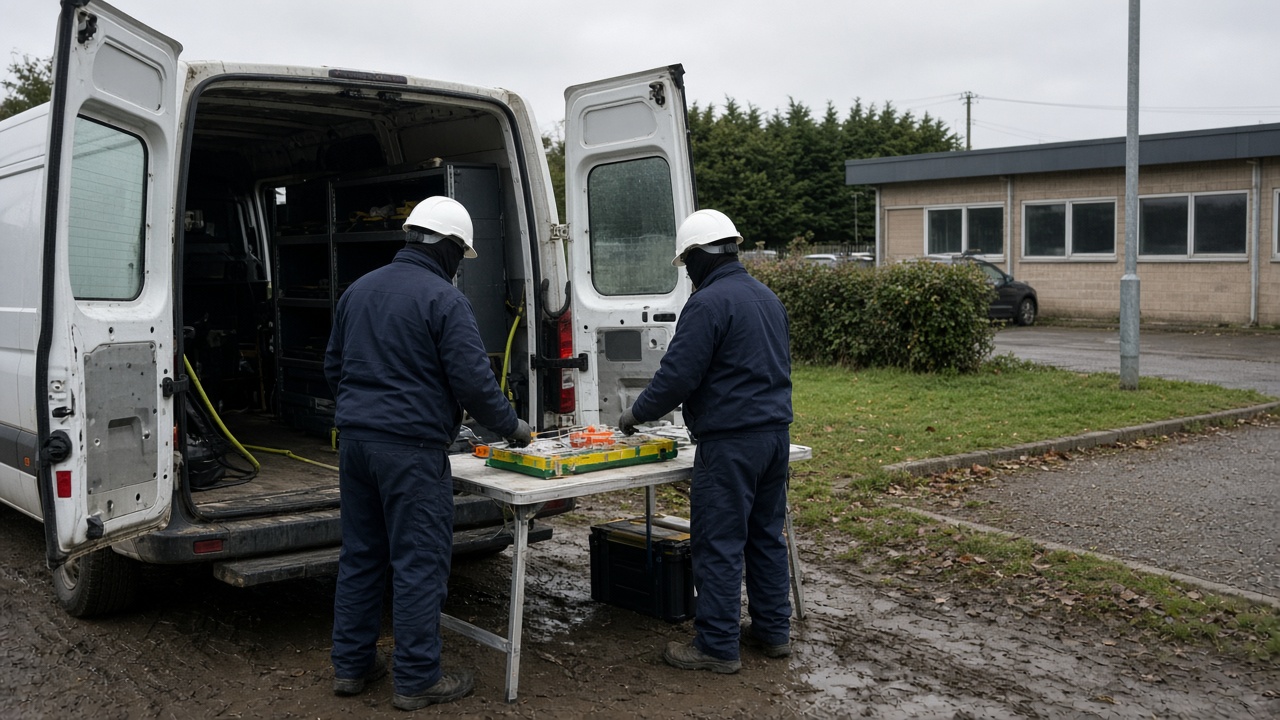 White NBN field van with rear doors open beside a regional telephone exchange carpark in overcast Northern Rivers light, technicians working at a fibre splice tray on a portable bench, muddy ground, no logos or readable text
