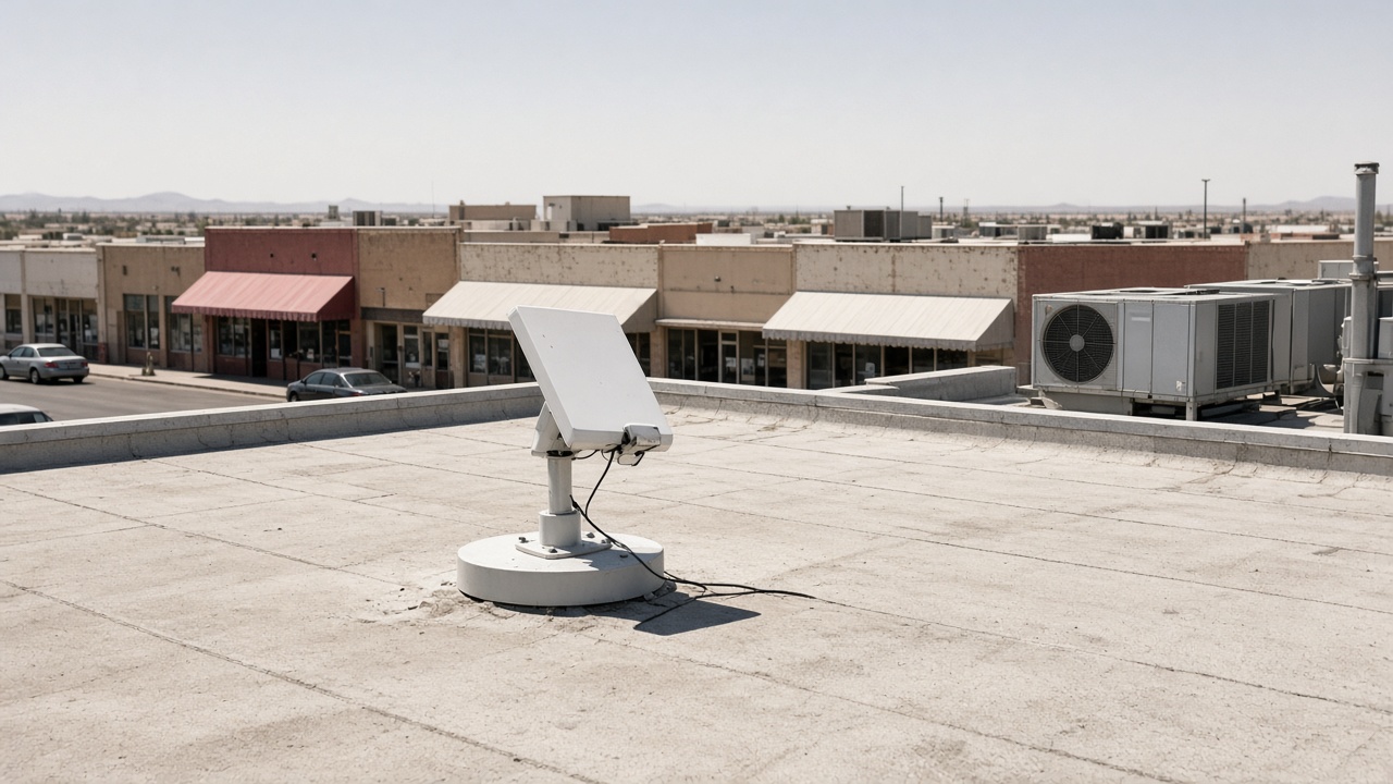 Small satellite terminal on a flat mall rooftop above a desert high street, harsh midday sun, faded shop awnings below, no logos or readable text