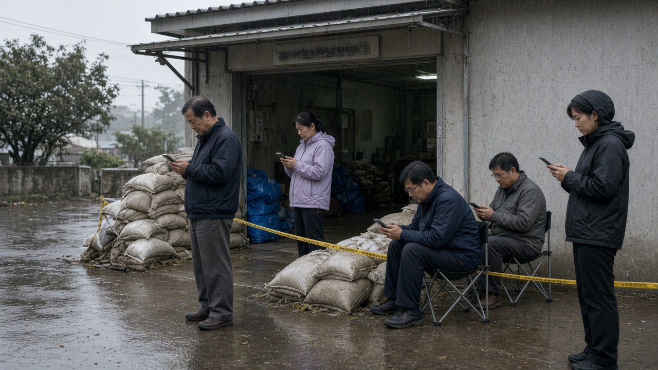Residents checking smartphones beside a municipal typhoon shelter entrance with sandbags and folding chairs under overcast skies, wet pavement and safety tape, no logos or readable text on screens