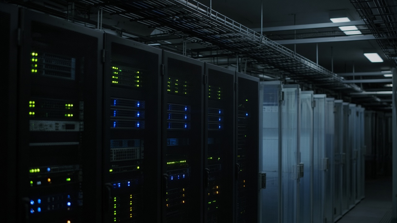 Blinking network appliance status lights in a dim server room aisle, cable trays overhead, cold aisle containment panels, no readable labels or logos