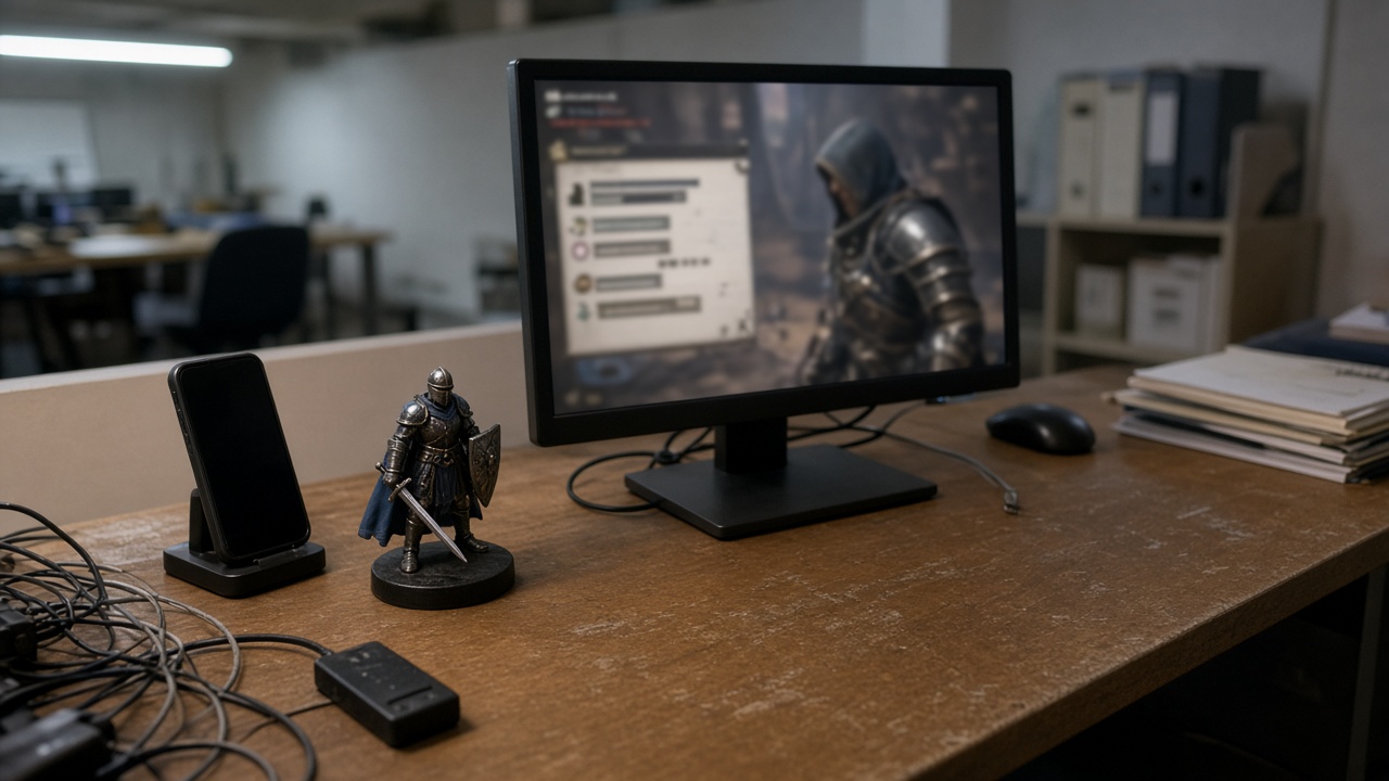 Small game studio desk with monitor showing blurred character dialogue UI, figurine of fantasy knight beside phone on charging stand, warm office fluorescent light, cluttered cables, no logos or readable text