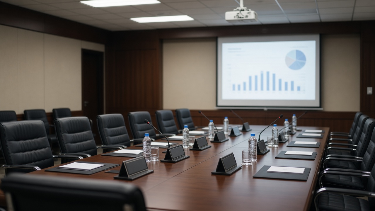 Government conference room with long table, ministry placards without readable text, projector showing blurred flowchart, fluorescent lighting, no logos or readable text