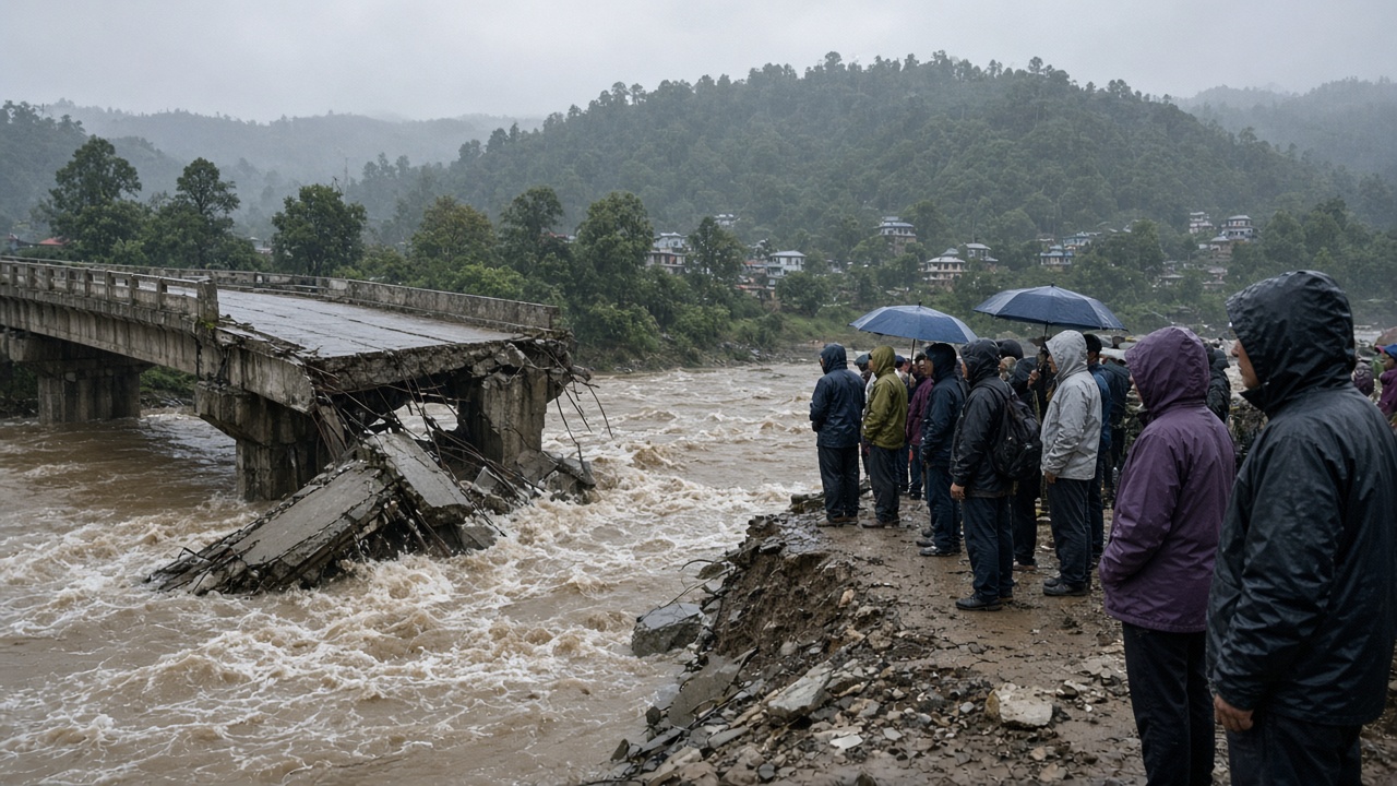 Muddy floodwater rushes past a damaged concrete bridge while residents in rain gear watch from higher ground in a Nepalese valley town